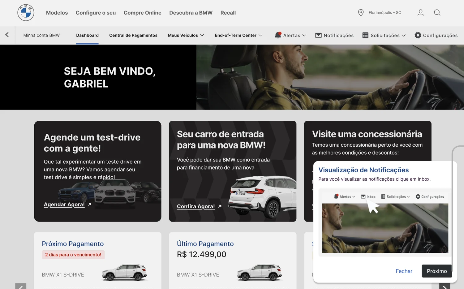 Dashboard do cliente com boas-vindas, banners e resumo de pagamentos