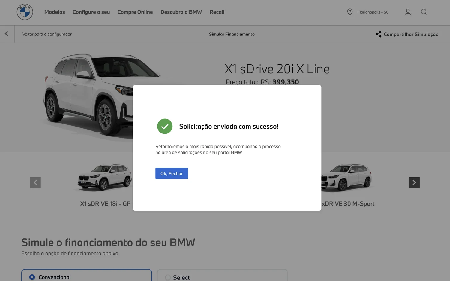 Simulação de financiamento com modal de solicitação enviada