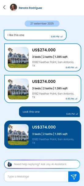 Chat do Got Nest com cards de imóvel e o campo do assistente de IA
