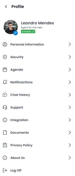 Perfil do corretor com agenda, documentos e integrações
