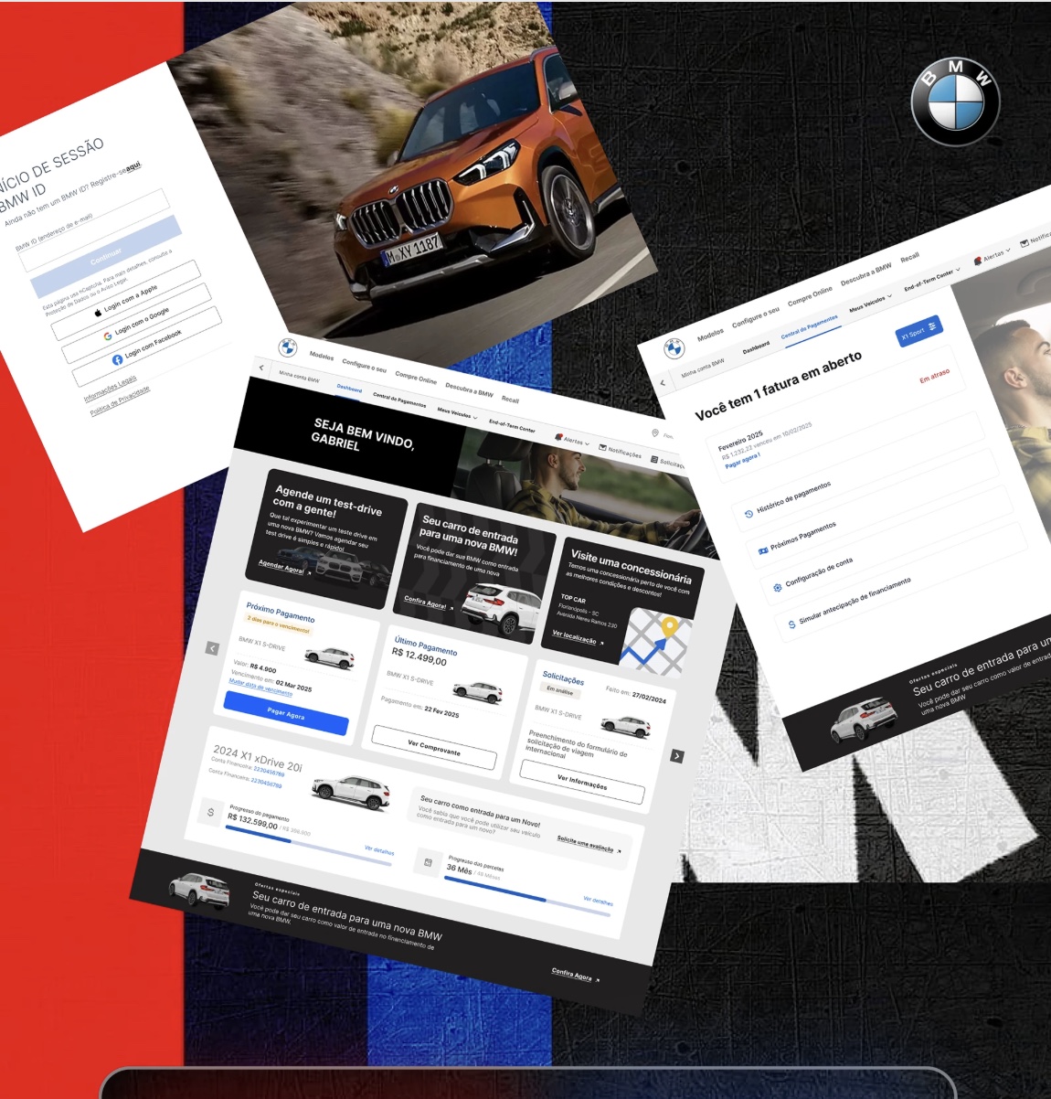 Telas do portal BMW: login, dashboard e central de pagamentos