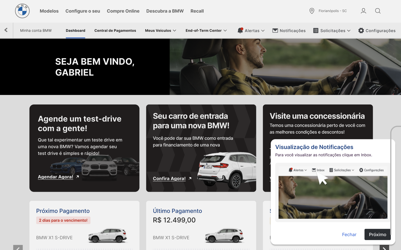 Dashboard do cliente com boas-vindas, banners e resumo de pagamentos
