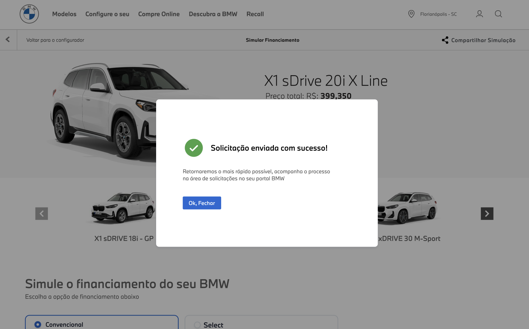 Simulação de financiamento com modal de solicitação enviada