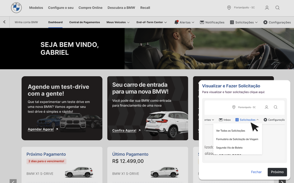 Dashboard com menu de solicitações aberto