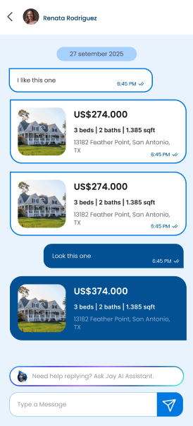 Chat com cards de imóvel e assistente de IA